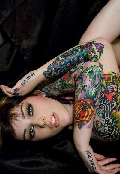 点击大图看下一张：美女欧美风双花臂纹身图案