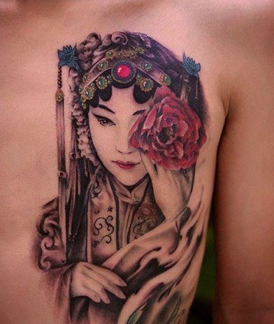 点击大图看下一张：中国京剧人物花旦的纹身效果图