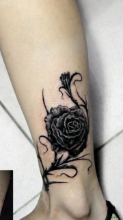 腿部疤痕遮盖黑玫瑰纹身图案
