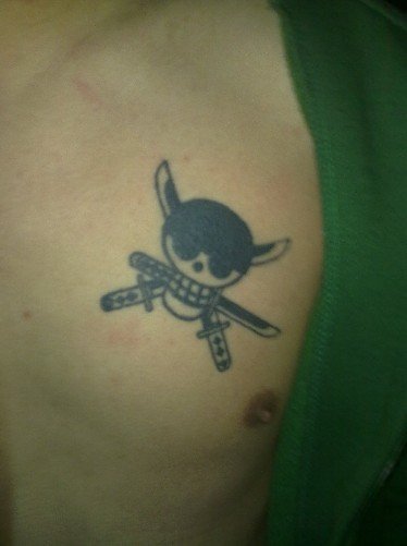 点击大图看下一张:胸口海贼王索隆三刀流骷髅纹身