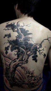 型男后背典型的满背松树纹身图案