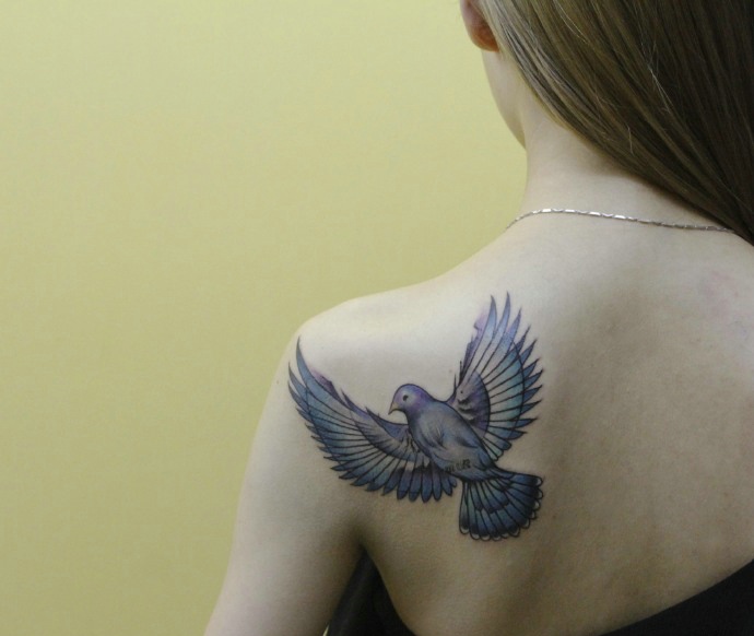 点击大图看下一张：一直鸽子纹身图片落在女生肩膀上