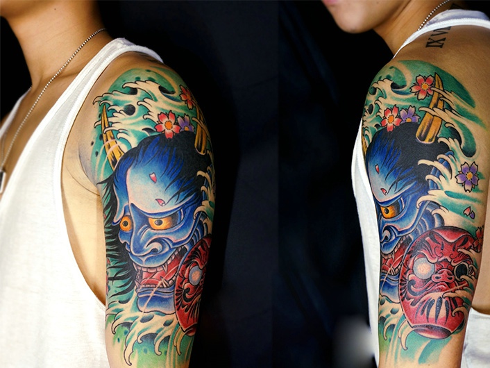 点击大图看下一张：非常好看的彩色花臂般若纹身刺青