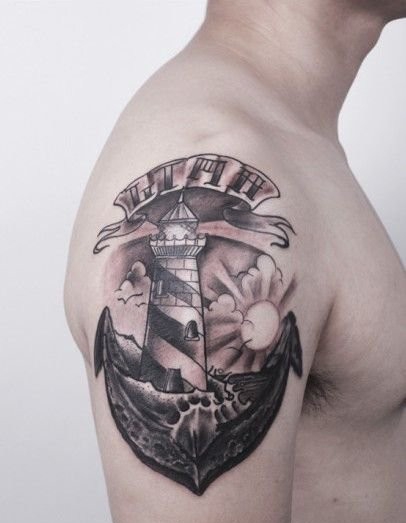 点击大图看下一张：帅气的大臂船锚纹身图案