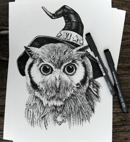 点击大图看下一张：个性时尚的猫头鹰纹身素材手稿