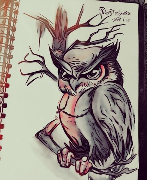 点击大图看下一张：个性时尚的猫头鹰纹身素材手稿