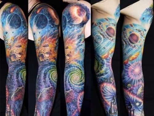 点击大图看下一张：绚丽多彩的宇宙星空花臂纹身