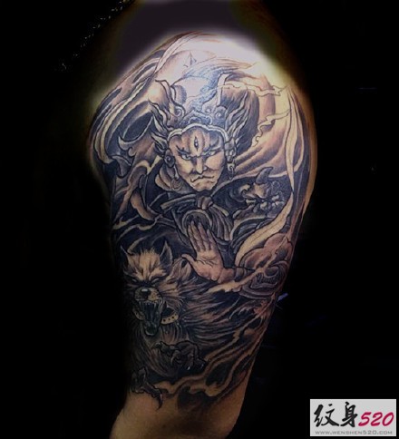 点击大图看下一张：手臂大臂上个性霸气的二郎神杨戬纹身图案图5