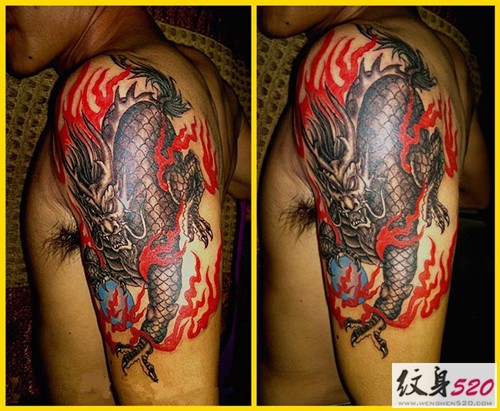 点击大图看下一张：经典霸气的火麒麟手臂纹身图4