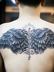 后背羽毛与英文结合的纹身图案
