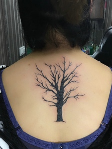 女生后背一颗树纹身刺青显然突出