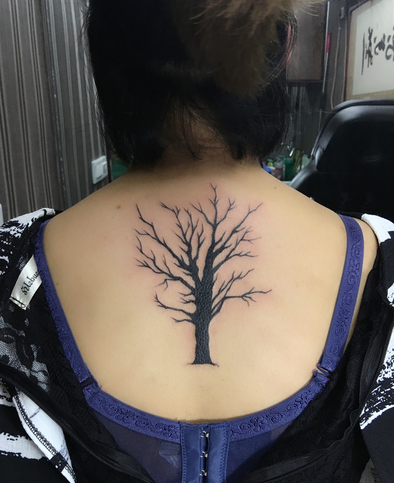 点击大图看下一张：女生后背一颗树纹身刺青显然突出