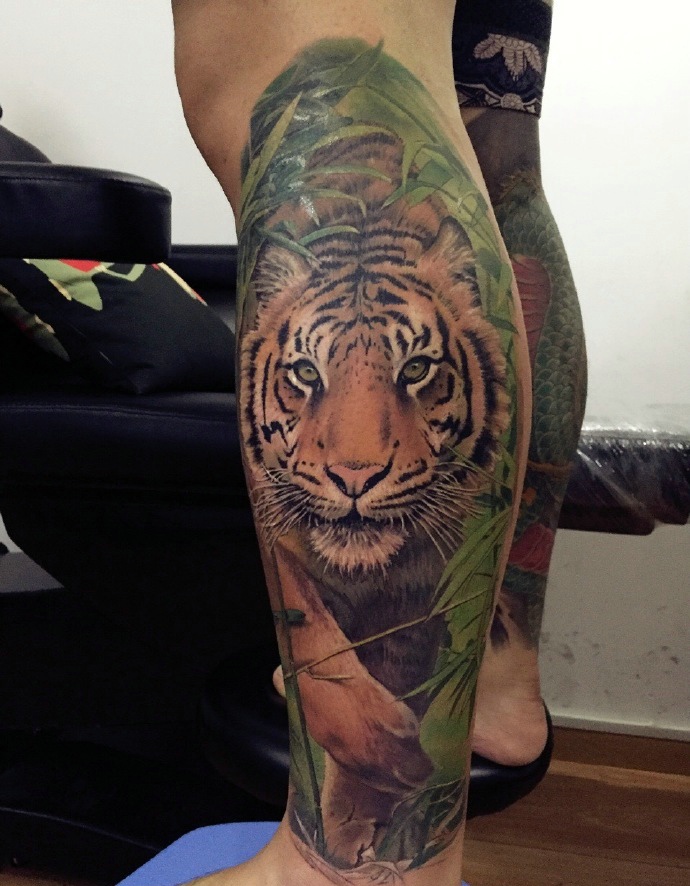 点击大图看下一张：包小腿凶恶的动物之王老虎纹身刺青