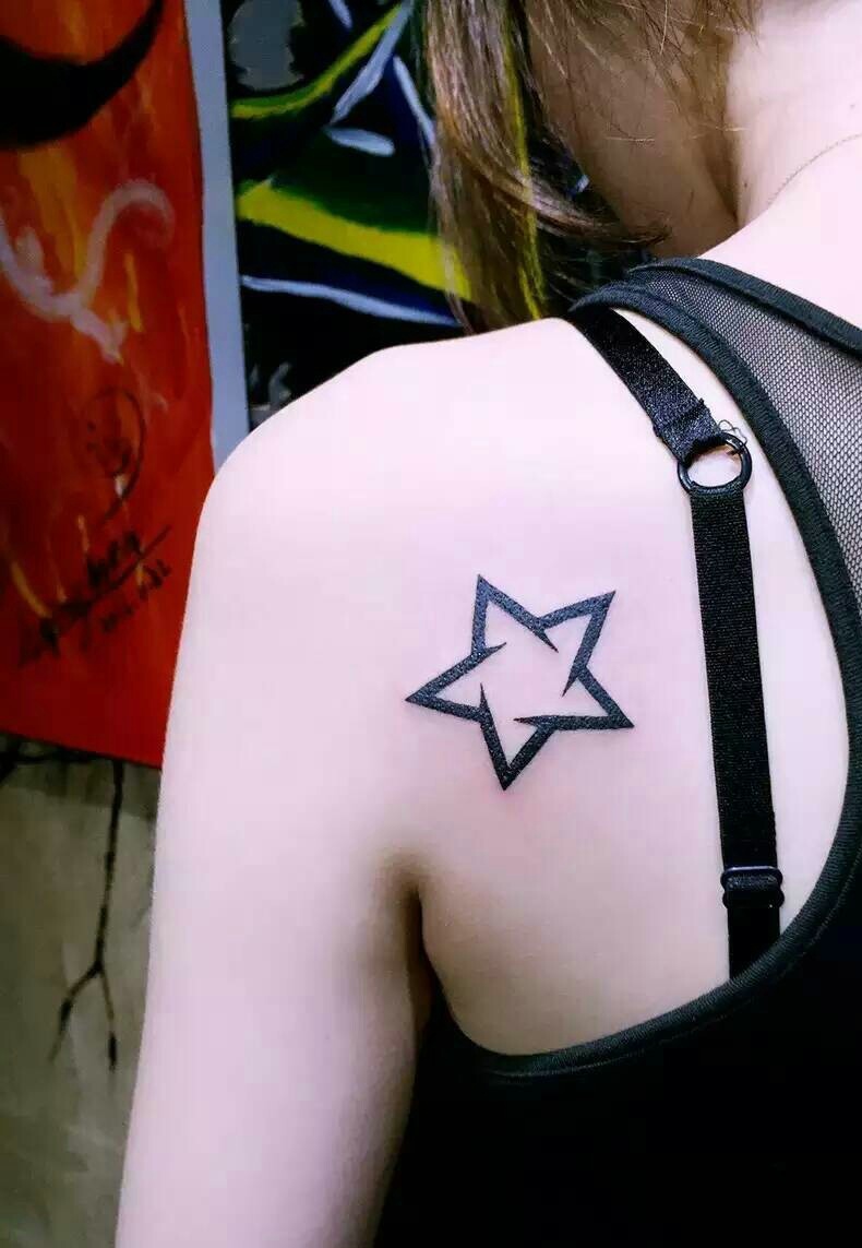 点击大图看下一张：简单明了肩部下方的五角星纹身图案