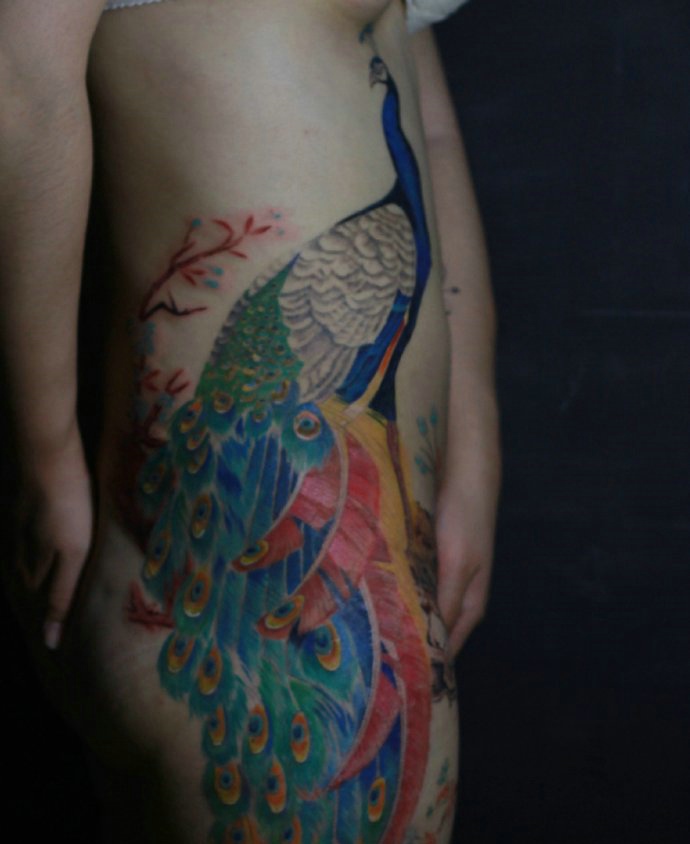点击大图看下一张：侧腰部骄傲自我的彩色孔雀纹身图案