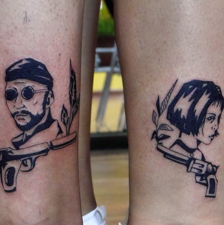 点击大图看下一张：腿部一对男女肖像情侣纹身刺青