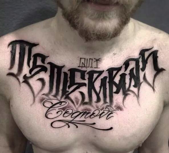 点击大图看下一张：胡子男士胸前的个性英文纹身刺青