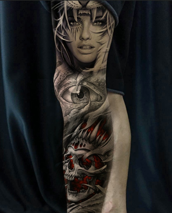 点击大图看下一张：骷髅与美女一起的3d花臂纹身图案