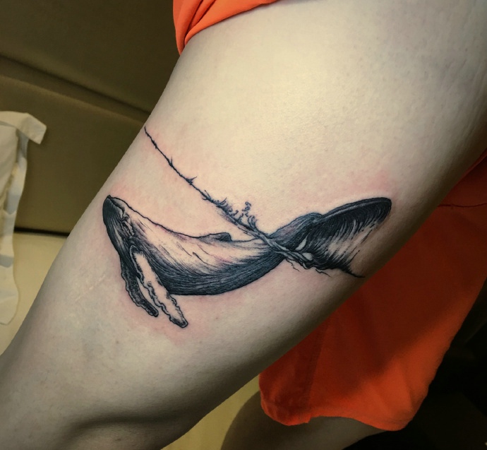 点击大图看下一张：手臂一条迷你鲸鱼图腾纹身刺青