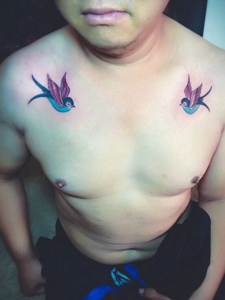 胸前一对小燕子纹身图案很抢眼