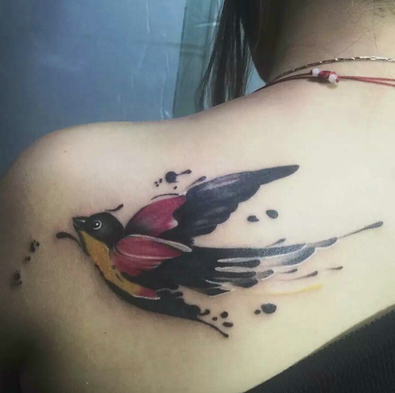 点击大图看下一张：后背一只小燕子纹身图案很可爱