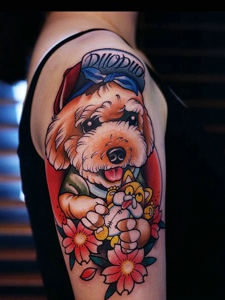花臂日式大眼小狗纹身图案可爱极了