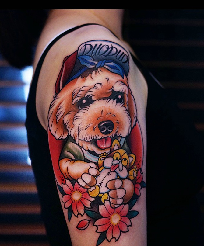 点击大图看下一张：花臂日式大眼小狗纹身图案可爱极了