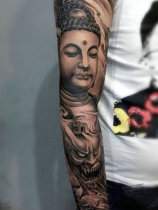 佛与魔结合的传统花臂纹身图案