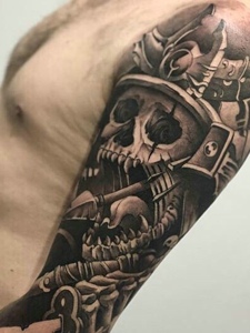 一款个性花臂黑灰骷髅纹身图案
