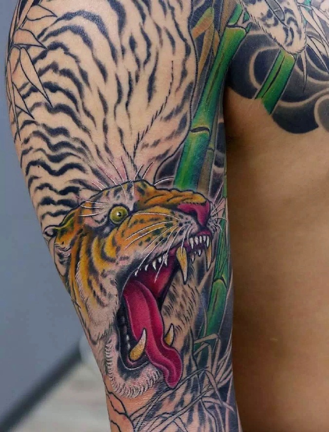 点击大图看下一张：非常霸气的彩色半甲老虎纹身图案