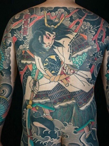 一组日式风格的满背彩色纹身图案