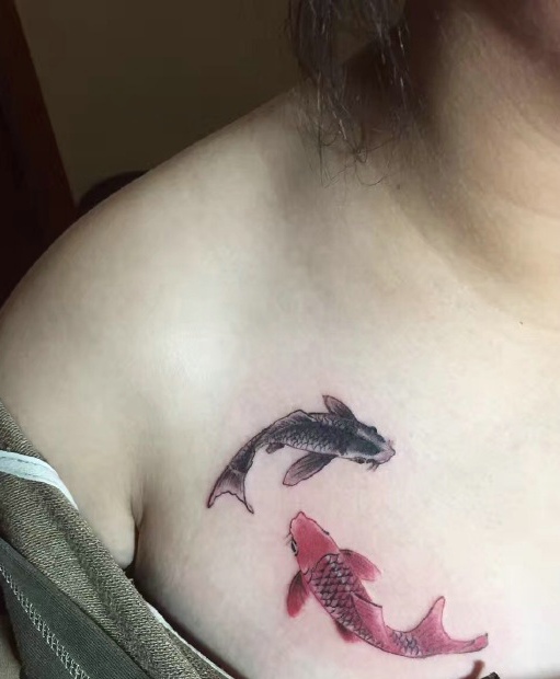 点击大图看下一张：女生胸前的一对鲤鱼情侣纹身图案