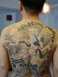 满背好看的天鹅纹身图案很精美
