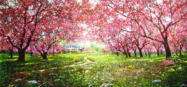 点击大图看下一张：樱花林油画图片素材