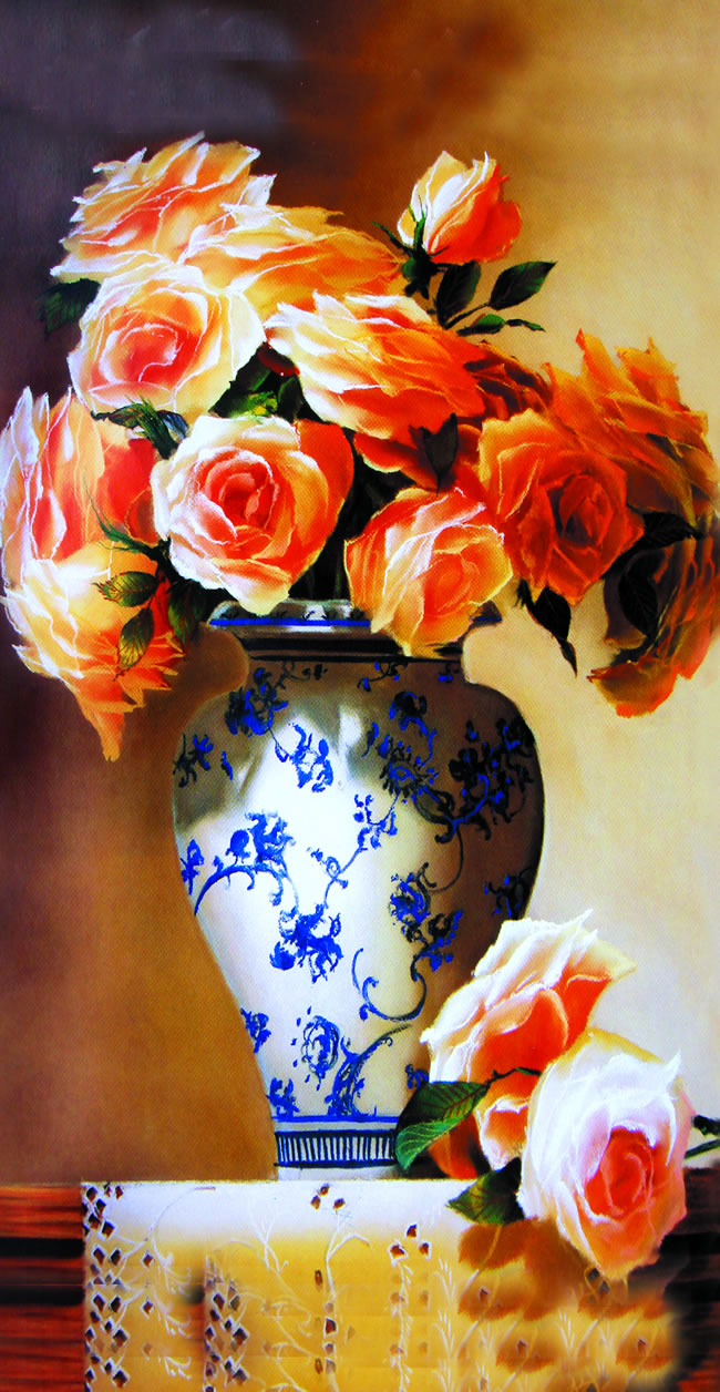 点击大图看下一张：玫瑰花瓶油画图片