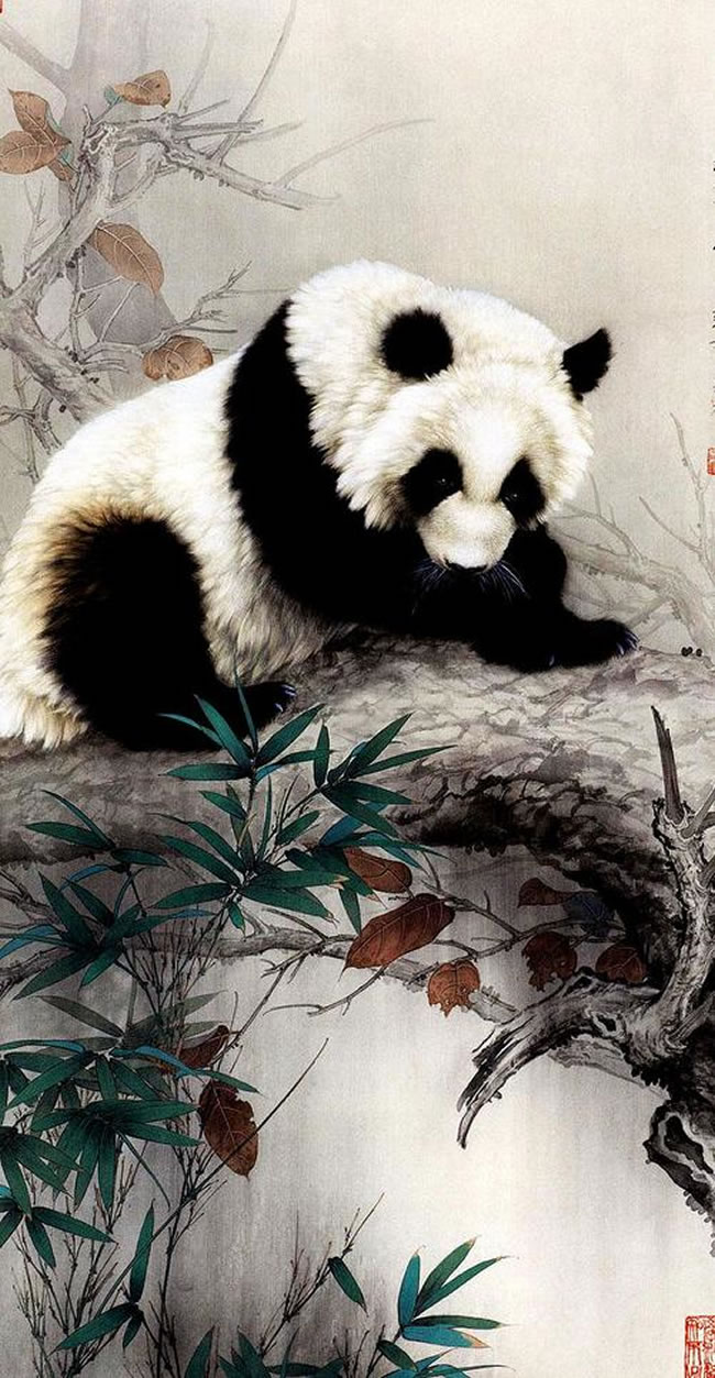 点击大图看下一张：熊猫图油画图片