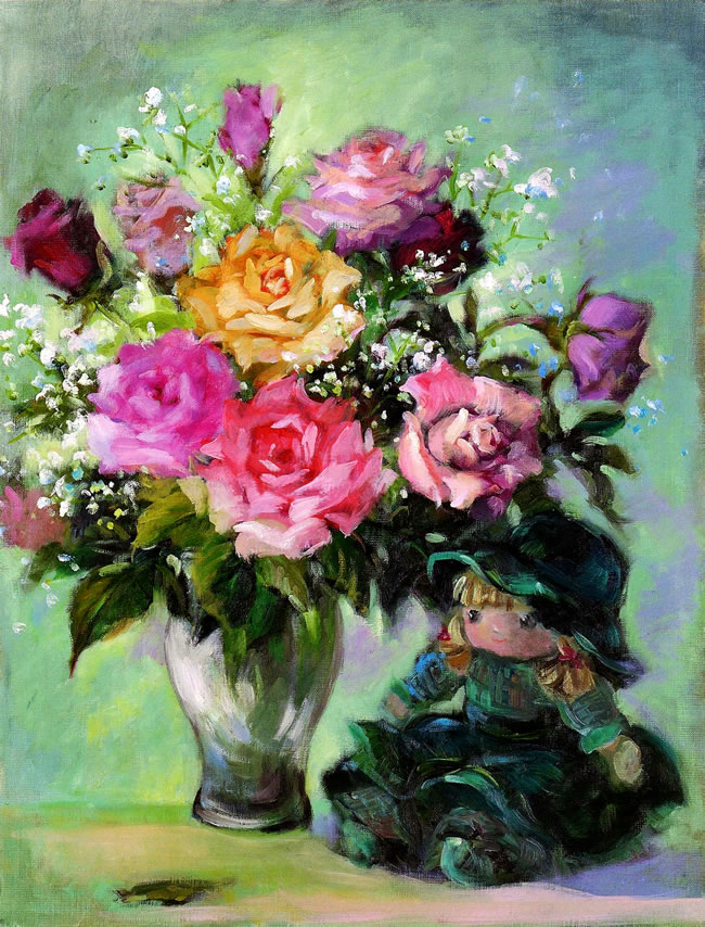 点击大图看下一张：玫瑰花花瓶油画图片