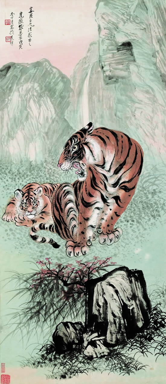 点击大图看下一张：国画两只老虎高清图片素材