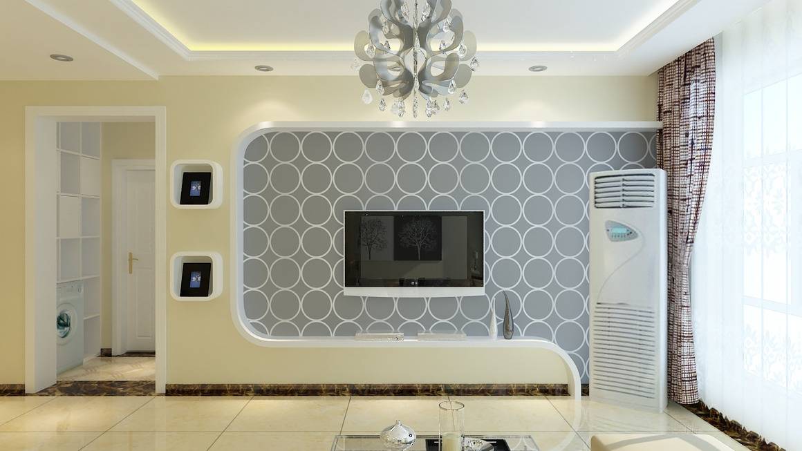 点击大图看下一张：现代客厅吊顶电视背景墙装修图