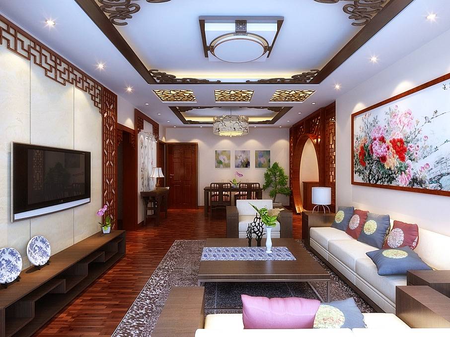 点击大图看下一张：中式客厅单身公寓吊顶电视背景墙设计图