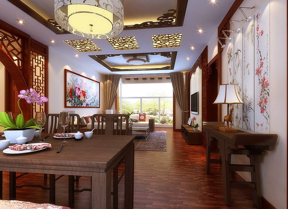 点击大图看下一张：中式餐厅单身公寓吊顶案例展示