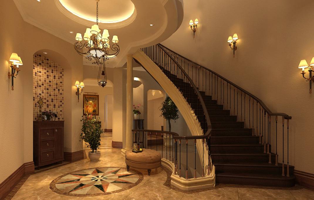 点击大图看下一张：美式别墅过道吊顶楼梯设计图