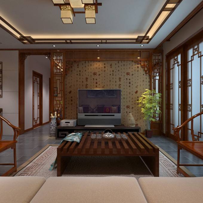 点击大图看下一张：中式客厅吊顶电视背景墙效果图