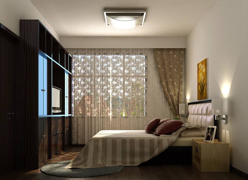 点击大图看下一张：现代卧室吊顶窗帘装修案例