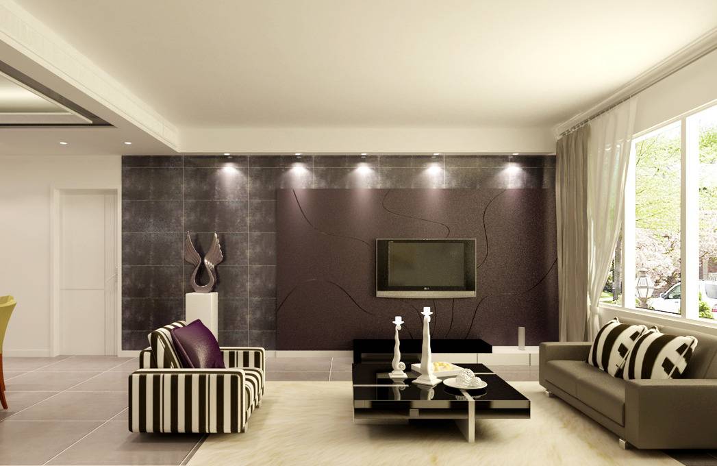 点击大图看下一张：现代客厅窗帘电视背景墙设计案例展示