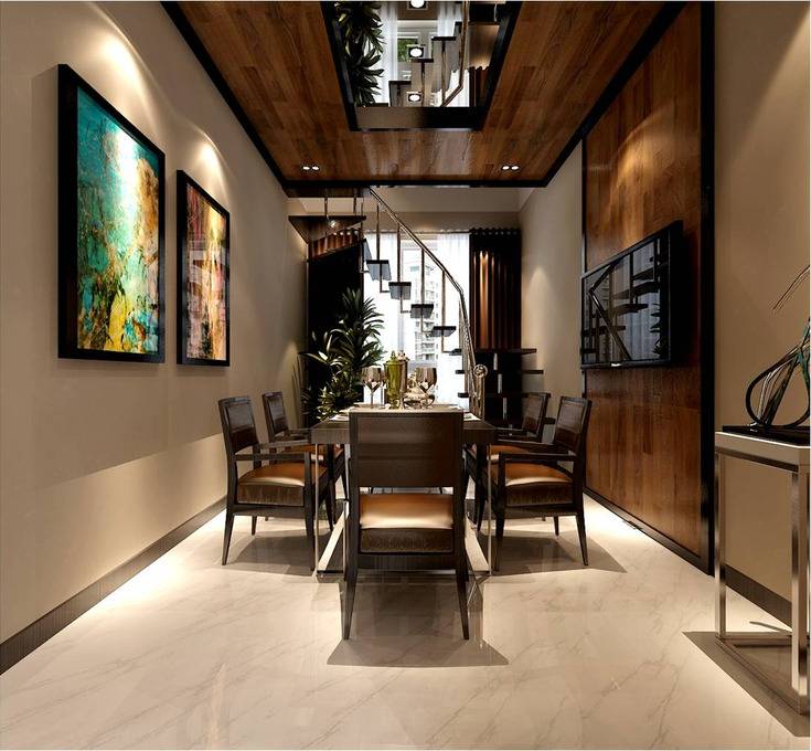点击大图看下一张：现代简约餐厅背景墙楼梯设计案例展示