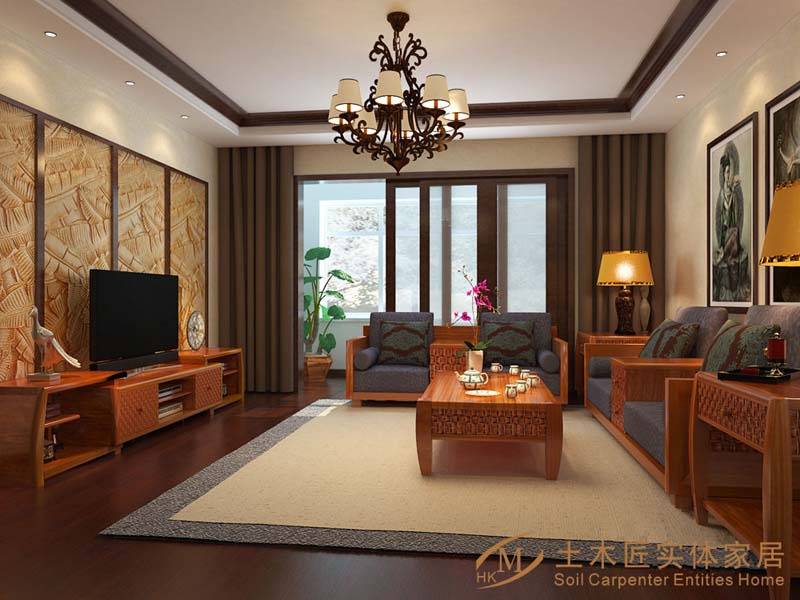 点击大图看下一张：中式中式风格新中式客厅装修效果展示