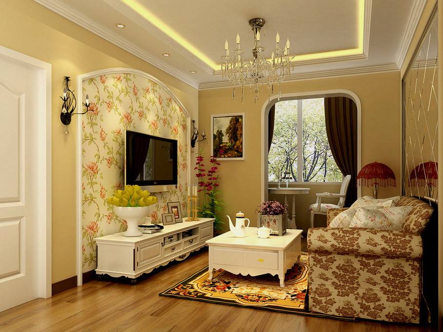 点击大图看下一张：田园客厅吊顶电视背景墙设计案例