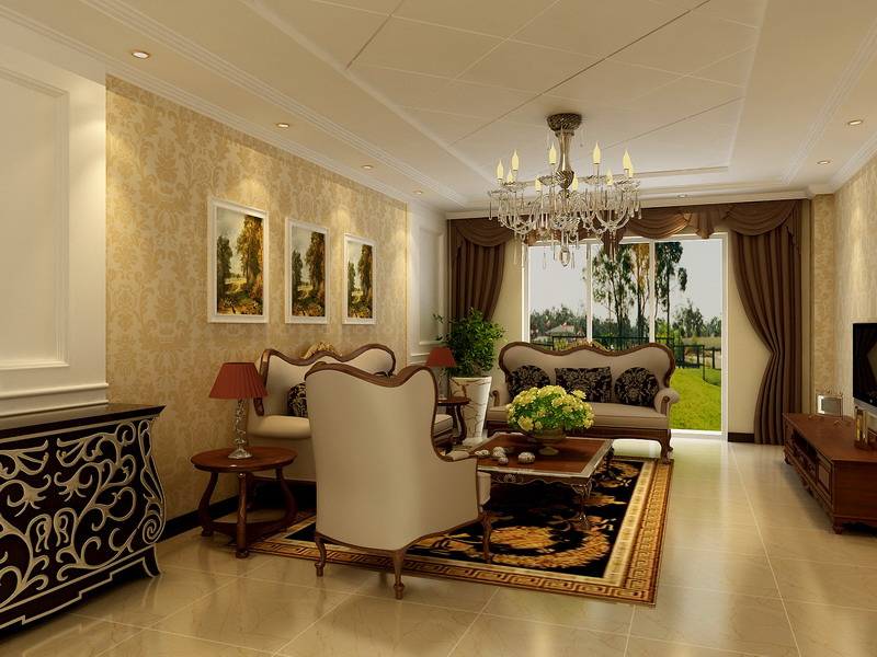 点击大图看下一张：美式客厅吊顶窗帘设计案例展示