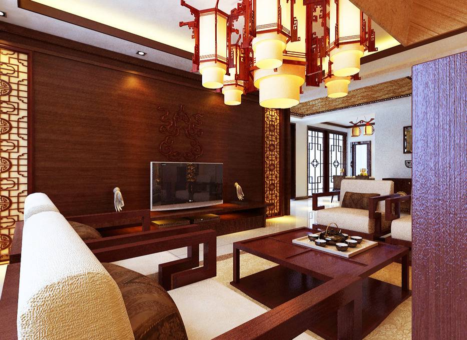点击大图看下一张：中式客厅电视背景墙设计方案